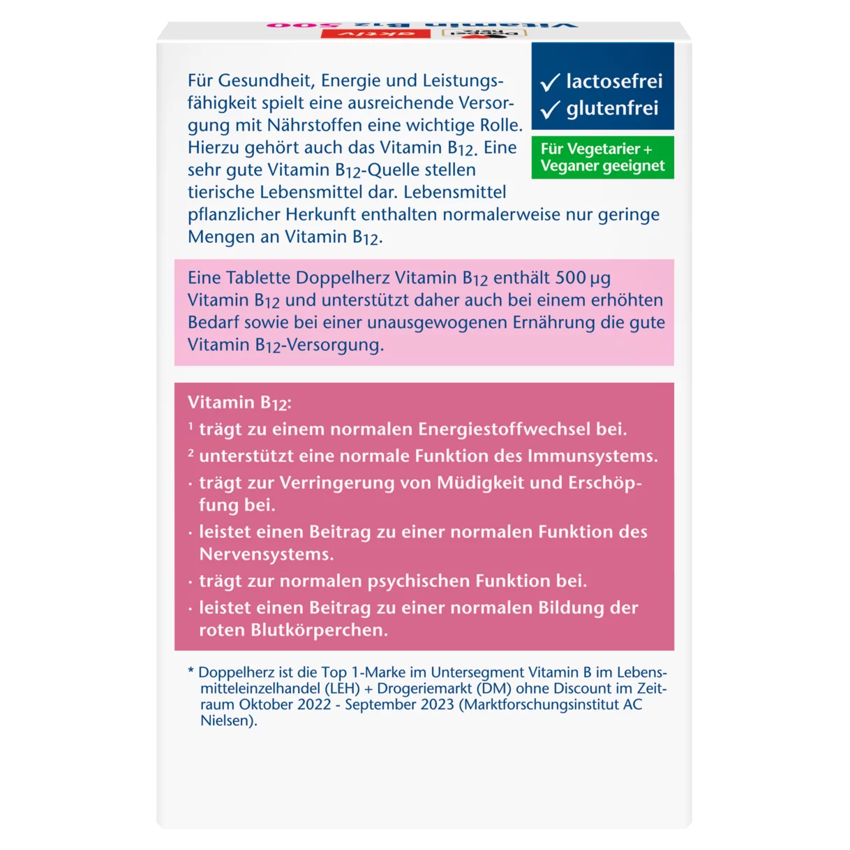 Abbildung der Produktverpackung Doppelherz aktiv Vitamin B12 500 Rückansicht